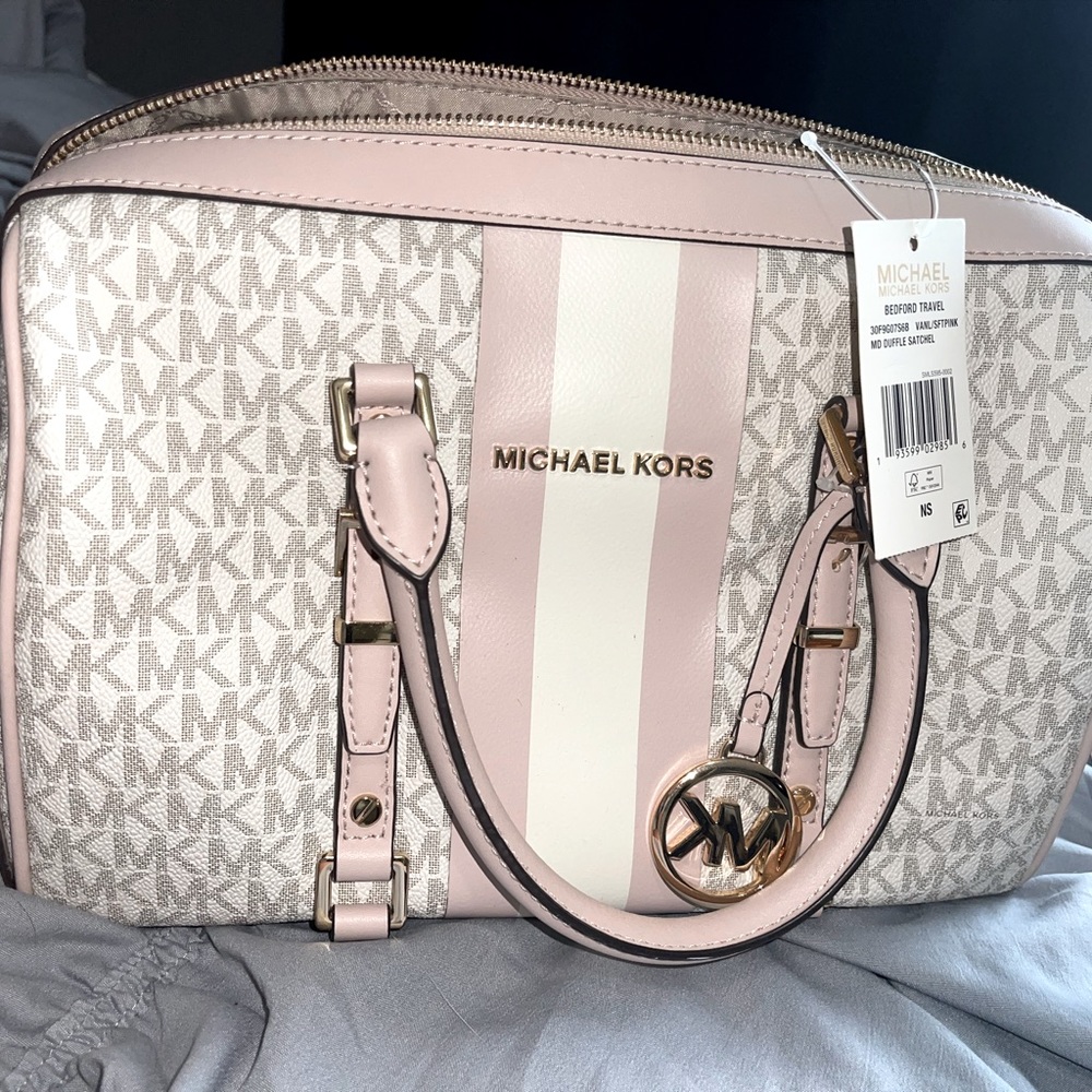 Michael Kors Bedford Travel Medium Logo Stripe Satchel Pink